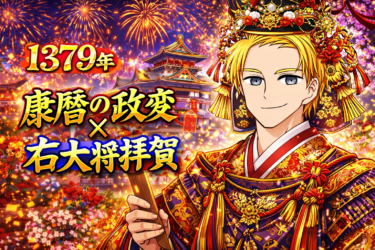 ☞【南北朝時代第3期⑫：1379年】『細川頼之、失脚（康暦の政変）！そして足利義満の右大将拝賀。』